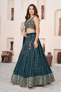 Blue <b>Sequin</b> Chiffon Striped Short Sleeve Lehenga Choli Set Embroidered Banarasi Style Full Women Outfit Dupatta Wedding Party - Product Image 3