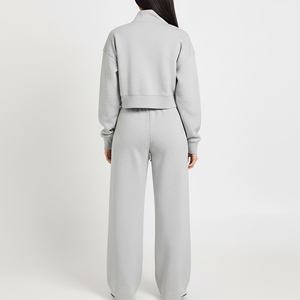 Conjunto Deportivo Gris para Mujer, Sudadera con Cierre de Media Cremallera y Bolsillos Laterales, Corte Holgado Informal, Color Sólido, Algodón, Ropa de Otoño - Product Image 6