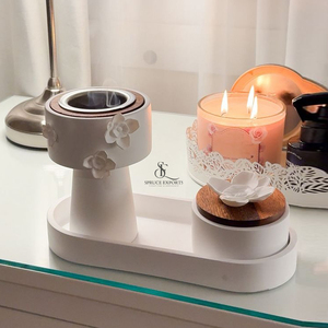 Brûleur d'encens artisanal de style moderne en métal et bois avec revêtement gris mat, boîte avec plateau et accents floraux blancs, décoration d'intérieur - Product Image 5