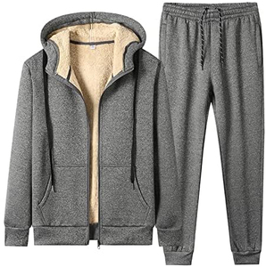 Men <b>Fleece</b> Tracksuit Set <b>Hooded</b> Zip Up <b>Jacket</b> And Jogger Pants Sherpa Lined Winter Casual Sportswear Solid Gray Full Sleeve - Product Image 1