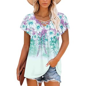 2025 femmes grande taille XL tunique haut chemisier décontracté col en V à manches courtes dentelle décoration MintHibiscus Stand été chemises - Product Image 2