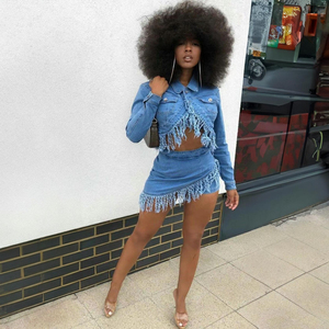 Ensemble crop top en jean pour femme, détails franges, bleu délavé, 2 pièces, tenue décontractée d'été - Product Image 6