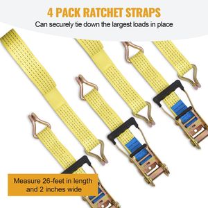 Lot de 4 sangles à cliquet robustes 2 po x 26 pi, résistance à la rupture de 11 000 lb avec crochets en J pour la fixation de charges sur camions - Product Image 2