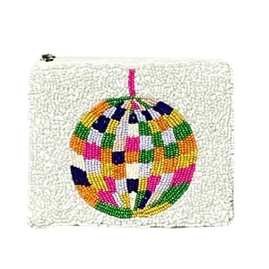 Sac à main rectangulaire en coton brodé, motif floral, design coloré avec perles et boule disco, artisanat - Product Image 1