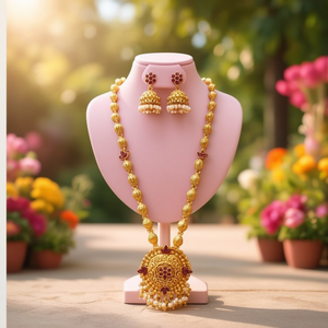 Traditional Matte Pota Stone and <b>Pearl</b> Temple Long <b>Necklace</b> <b>Set</b> - Product Image 2