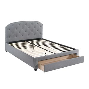 Letto singolo imbottito con testiera trapuntata a bottoni e contenitore, in tessuto di tela grigio chiaro, 1 pezzo - Product Image 2
