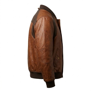 <b>Men</b> <b>Brown</b> Vintage Real <b>Leather</b> Bomber <b>Jacket</b> Contrast Shoulder Patch Sleeve Pocket Ribbed Cuff Flight Outerwear Wholesale - Product Image 3