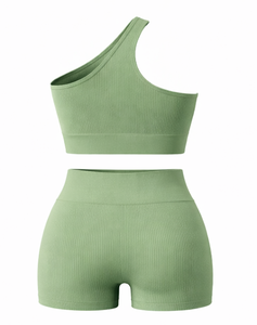 Ensemble de sport sans couture pour femme, haut court côtelé à une épaule et short taille haute, pour yoga, gym, fitness, athleisure et tenue active - Product Image 6