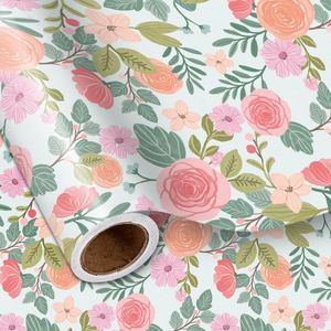 Rotolo di Carta da Regalo con Rose Rosa e Foglie Verdi, Elegante Confezione per Addio al Nubilato, Matrimonio e Anniversario per la Madre - Product Image 1