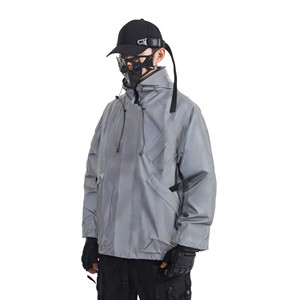 <b>Men's</b> Hooded Reflective Windbreaker <b>Jacket</b> Gradient Color PU Coated Streetwear Zipper Closure <b>Lightweight</b> Autumn Wear - Product Image 6