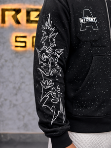 Wholesale Winter 400GSM 100% Cotton French Terry Zip-Up <b>Hoodie</b> Custom Patch Chest Rhinestone Detail Solid <b>Black</b> <b>Zipper</b> - Product Image 4