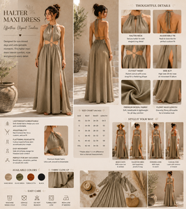 Halter Neck Maxi Dress for Women Cutout Waist Summer Beach Dress Backless Flowy Vacation Outfits Back Tie Side Slit Dress - Product Image 6