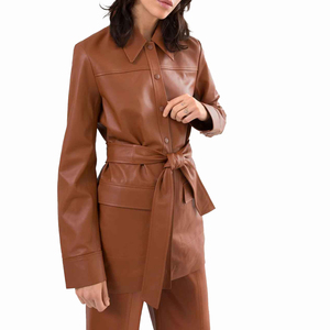 Womens PU Leather Long Sleeve Button Collar Slim Fit Casual Top Soft Faux Leather <b>Blouse</b> Fashion Clothing Stylish - Product Image 3