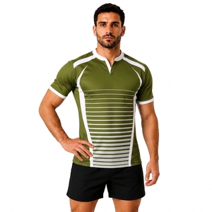 Maillot de rugby à manches courtes rayé vert olive pour homme, col en V, respirant, ajusté, pour les sports d'équipe et l'entraînement - Product Image 1