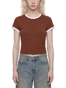 Camiseta Ringer Corta para Mujer, Ajustada, con Cuello en Contraste, de Algodón Casual, Estilo Baby Tee, de Moda - Product Image 5