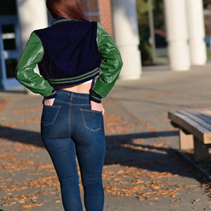 Veste courte universitaire pour femme, bleu marine et vert, style Letterman, manteau bomber, manches en similicuir, vêtement d'extérieur décontracté, mode féminine - Product Image 5