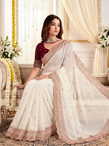 AARA Fashion Elegant Cream Silk <b>Saree</b> <b>Maroon</b> Blouse Traditional Wedding Wear Women India Pakistan Style Floor Length Regular Fit - Product Image 3