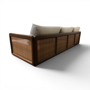 Sofá Moderno Minimalista Curvo de Madera de Teca Sólida y Duradera de 3 Plazas con Panel Lateral de Ratán y Cojín Crema para Apartamento y Parque - Product Image 4