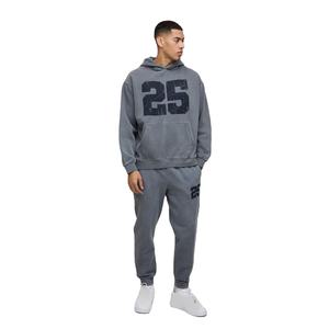 OEM Custom Logo 100% Cotton Printed <b>Hoodie</b> Pants Hot Selling Oversized <b>Grey</b> Washed Hooded Tracksuit Pigment Wash 500gsm Thick - Product Image 1