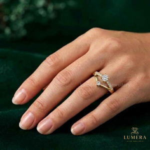 Designer Gold Engagement <b>Ring</b> With Round Brilliant Center Lab Grown Diamond, Pave Shoulders And Unique Angular <b>Split</b> Shank <b>Ring</b> - Product Image 4