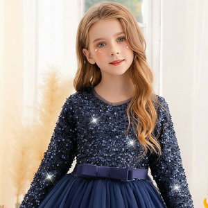 ชุดราตรีเด็กผู้หญิง แขนยาว คอวี ผ้ากำมะหยี่สีน้ำเงินหรูหรา ปักเลื่อม ประดับด้วยผ้าเน็ตเนื้อนุ่ม สไตล์เจ้าหญิง สำหรับงานเลี้ยงตอนเย็น รับผลิตแบบ OEM ODM จำนวนมาก - Product Image 6