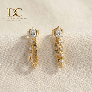 Ethnic Stylish 14KT Solid Yellow Gold Pear Shape Teardrop <b>Dangle</b> Stud <b>Earrings</b> with Lab Grown <b>Diamonds</b> Fine Jewelry for Women - Product Image 5