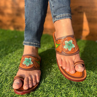 Sandales à bout ouvert en cuir véritable de vachette véritable fait à la main pour femmes style occidental décontracté extérieur tongs plates turquoise