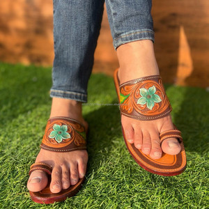 จริงทําด้วยมือของแท้ผู้หญิงสไตล์ตะวันตกTooled Cowhideหนังสบายๆกลางแจ้งFlipflopแบนTurquoiseรองเท้าเปิดนิ้วเท้ารองเท้าแตะ - Product Image 3