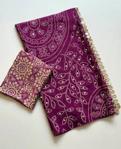 Magnifique sari en soie pure, douce et bon marché, tissu uni avec impression Bandhan, accompagné d'un tissu pour chemisier. - Product Image 6