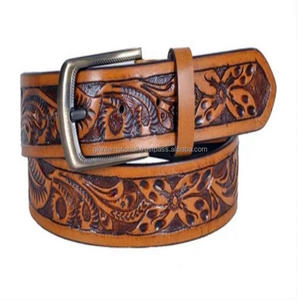 เข็มขัดหนังแท้สำหรับผู้ชายสลักลายดอกไม้แบบตะวันตกพร้อมหัวเข็มขัดโลหะเข็มขัดหนังแท้สลักด้วยมือ - Product Image 1