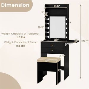 "Wooden Lighted <b>Makeup</b> Vanity Set with 3 Color LED <b>Mirrors</b> Charging Station Foldable Table Cushioned Stool" - Product Image 4