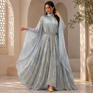 Abaya Modeste Islamique pour Femmes Adultes Bleu Ciel Imprimé Doré Col Montant Longueur Ras du Sol Manches Longues Ceinture à la Taille Polyester Texturé - Product Image 3