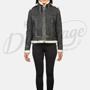 Women Black Distressed Real <b>Leather</b> Hooded <b>Jacket</b> White Faux Fur Trim Slim Fit Premium Sheepskin Winter Biker Outerwear Fashion - Product Image 4