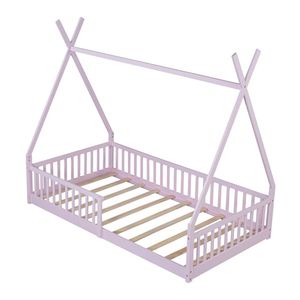 Twin Size Pink Wood <b>House</b> <b>Bed</b> with Fence for Kids' Room - Product Image 4