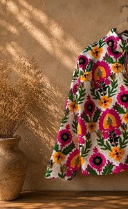 เสื้อแจ็คเก็ตโบโฮลายดอกไม้สีสันสดใส สวมใส่สบายและใช้งานได้หลากหลายสำหรับผู้หญิง เสื้อโค้ทปักมือสไตล์วินเทจ ผ้าทอแบบอุซเบก - Product Image 6