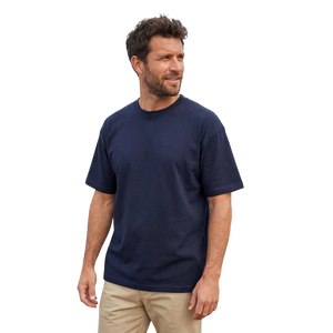 T-shirt en coton bleu marine pour homme, coupe classique, manches courtes, col rond, décontracté, couleur unie, jersey tricoté, design uni - Product Image 1