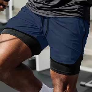 Best Selling Men Double <b>Layers</b> Short Nylon Polyester Breathable Quick Dry <b>Mid</b> Waist Knee Length Casual Gym Shorts - Product Image 3