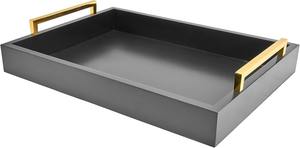 Plateau de service en bois avec poignées dorées, fait main, écologique, plateau décoratif pour ottoman, couleur charbon, style moderne et luxueux pour le salon - Product Image 4