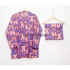 Conjunto de Pijama Elegante con Estampado Floral Hecho a Mano para Mujer, 100% Algodón Puro, Manga Larga, Traje Casual de Verano - Product Image 2