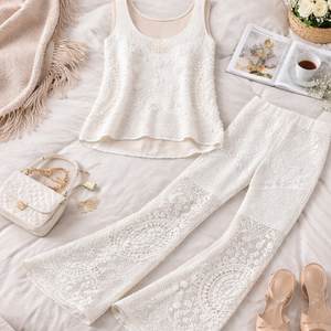 Ensemble deux pièces en dentelle blanche pour femmes |   Débardeur sans manches et pantalon évasé taille haute |   Tenue de soirée élégante pour l'été |   Vêtements pour femmes - Product Image 5