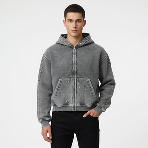 Sudadera con capucha de algodón grueso Glory Custom con acabado desgastado efecto ácido, detalle de pedrería, corte holgado extragrande con cremallera para unisex - Product Image 6