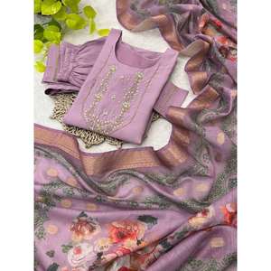 PANTALON KURTI FANTAISIE COL EN SOIE ROMAIN AVEC DUPATTA LAVANDE - Product Image 1