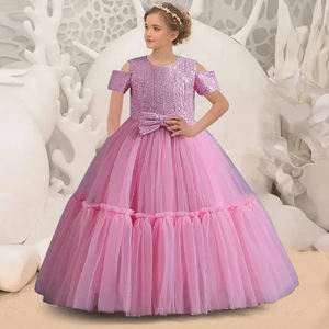 ชุดเดรสยาวสีชมพูประดับเลื่อมระยิบระยับสำหรับเด็ก ชุดราตรีเด็กผู้หญิงหรูหรา ชุดแต่งงานเด็กแบบเปิดไหล่ ขายส่ง - Product Image 1