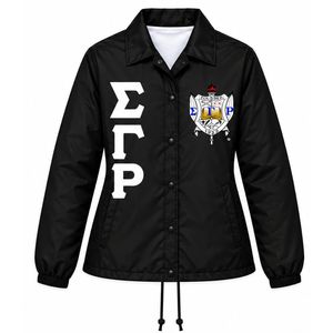 Black <b>White</b> Greek Letter Embroidered Coach <b>Jacket</b> Custom Crest Logo Button Up Windbreaker with <b>White</b> Applique Design Ribbed Cuff - Product Image 1
