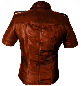 Chemise cargo en cuir pour homme, manches courtes, multi-poches, boutons-pression sur le devant, épaulettes aux épaules, col classique, pour l'extérieur - Product Image 3