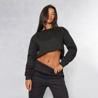 Hoodie & Sweatshirt Wanita Model Baru French Terry, Kerah Bulat, Potongan Crop, Ujung Raw Hem, Bahu Jatuh
