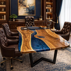 Mesa de Oficina de Lujo con Resina Epoxi Azul, Escritorio Ejecutivo de Madera Maciza Hecho a Mano, Mesa de Comedor Moderna de Madera de Acacia - Product Image 1