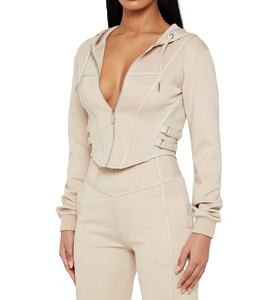 Jersey de mujer Detalle de ribete de cuero Cordones de cuero dobles Corsé Sudaderas con capucha recortadas - Product Image 4