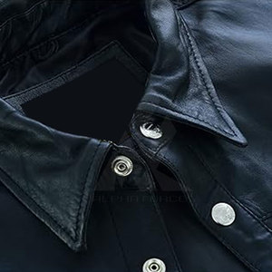 <b>Men's</b> Black Leather Look Button Up <b>Shirt</b> Long Sleeve Collared Casual <b>Western</b> Style Top with Pockets - Product Image 4