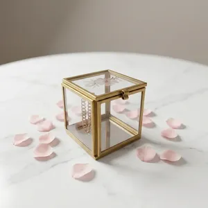 Artisan Design Square Glass Mirror Jewelry <b>Box</b> <b>Floral</b> Lid Brass Frame Minimalist Modern Design B66b Vanity Storage Decorative - Product Image 1
